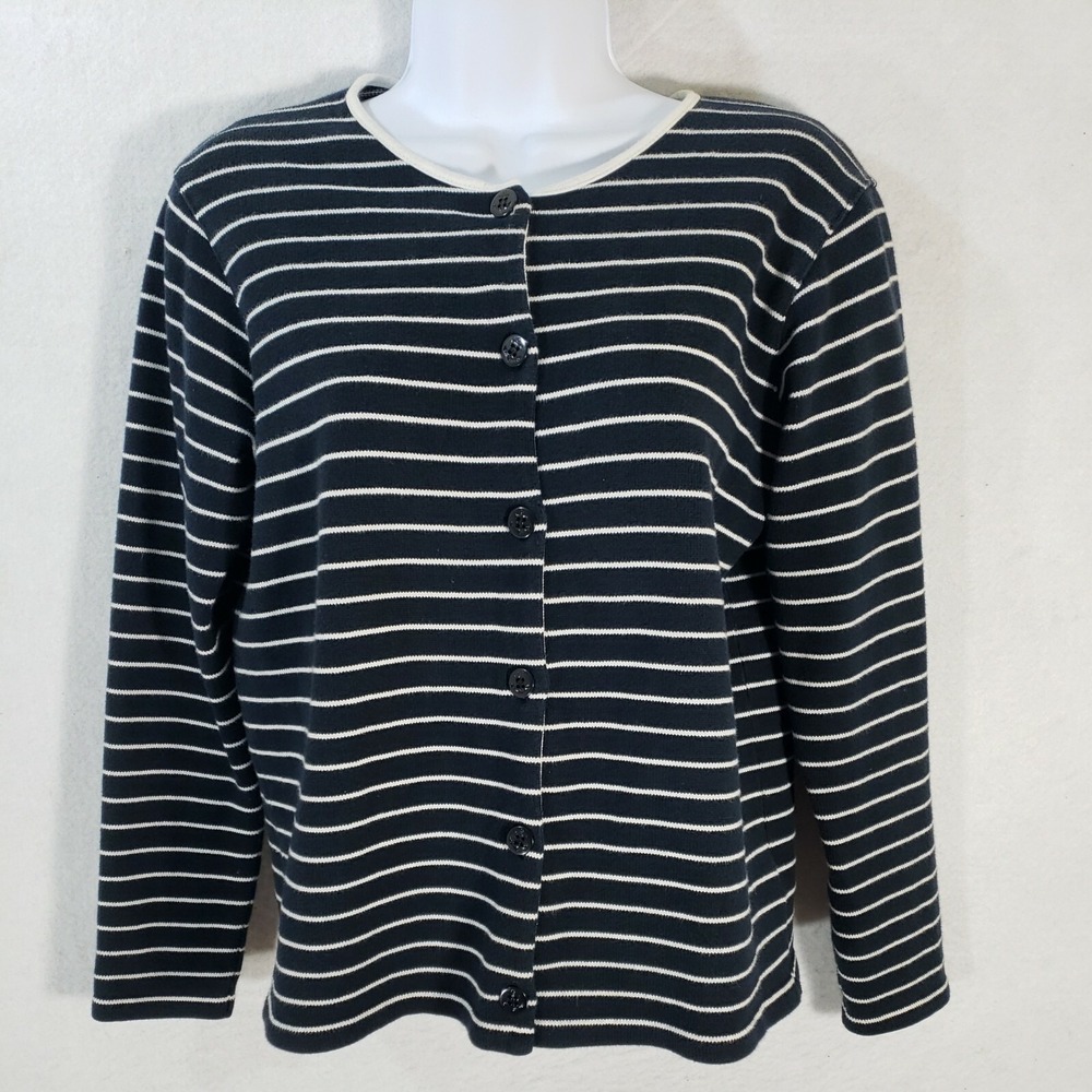 Lauren Ralph Lauren Women PS Cardigan Black Striped Nautical Anchor Button VTG